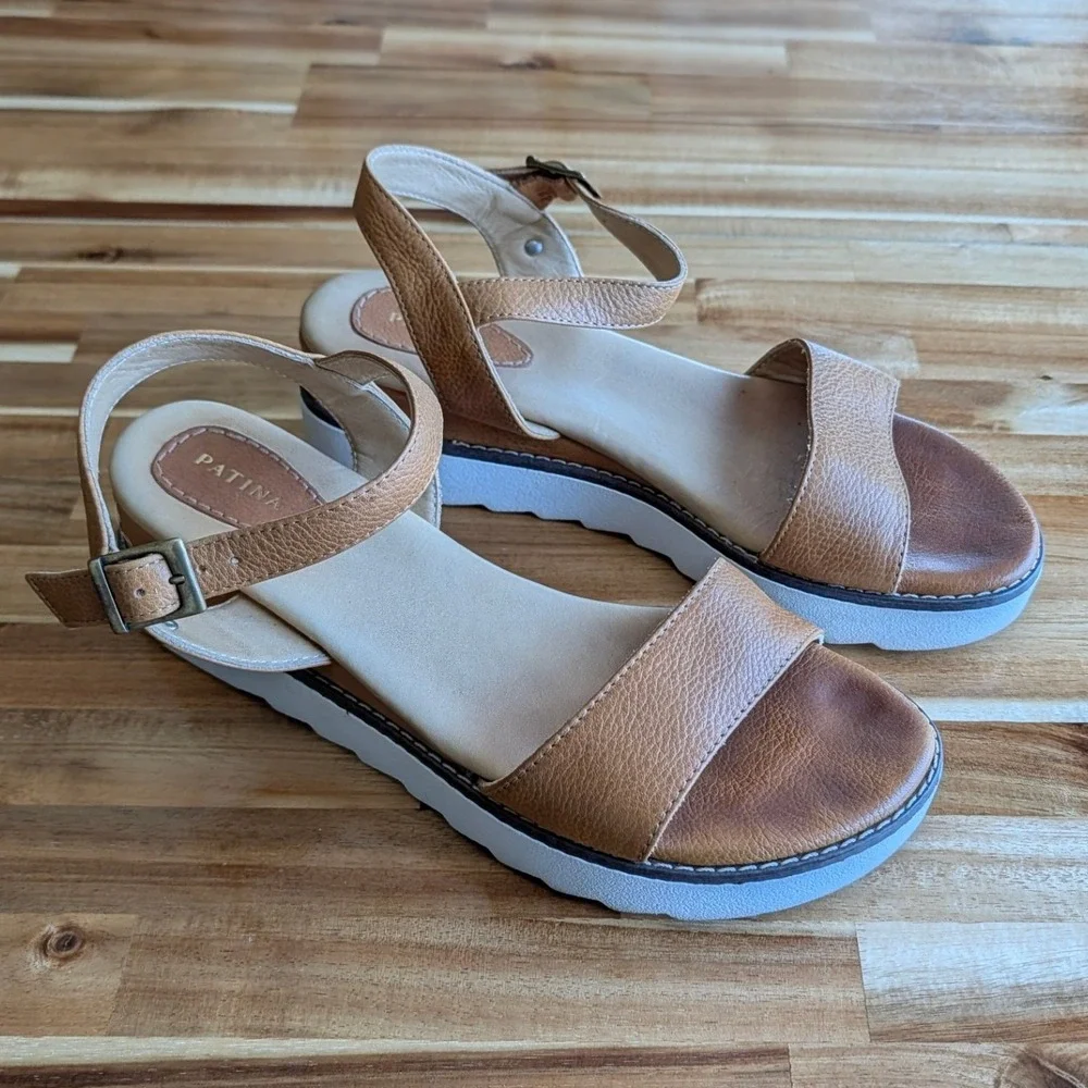 Patina Tan Pebbled Leather Platform Wedge Sandals Ankle Strap Womens 9.5